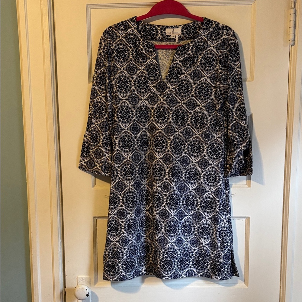 Jude Connally Navy Patterned Split-Neck Tunic Top - image 1